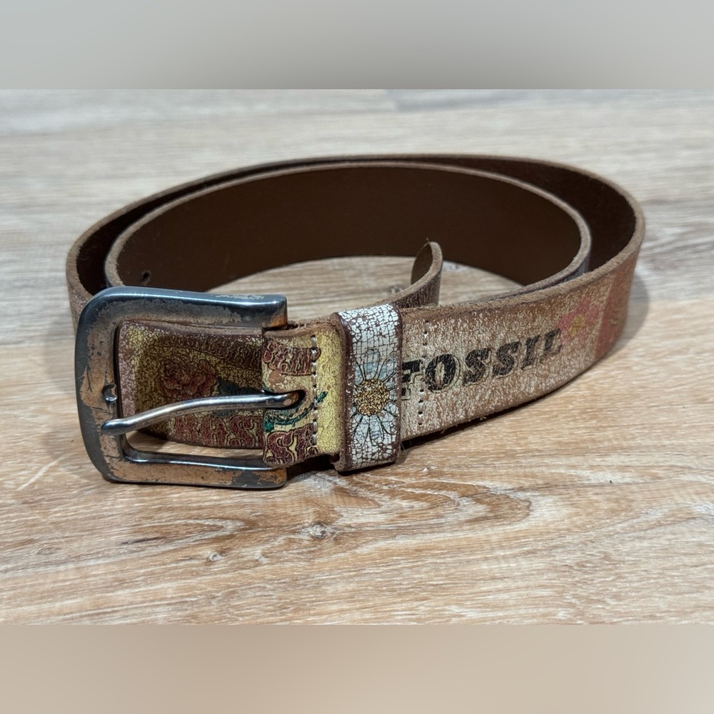 Fossil Brown Leather Belt with Floral Design